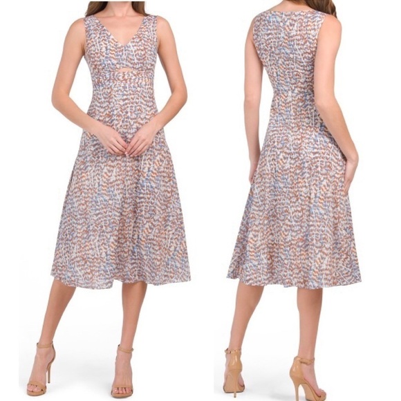 THEORY Abstract Print A-Line Sleeveless V-Neck Cut-Out Cocktail Midi Dress NEW - Picture 1 of 15